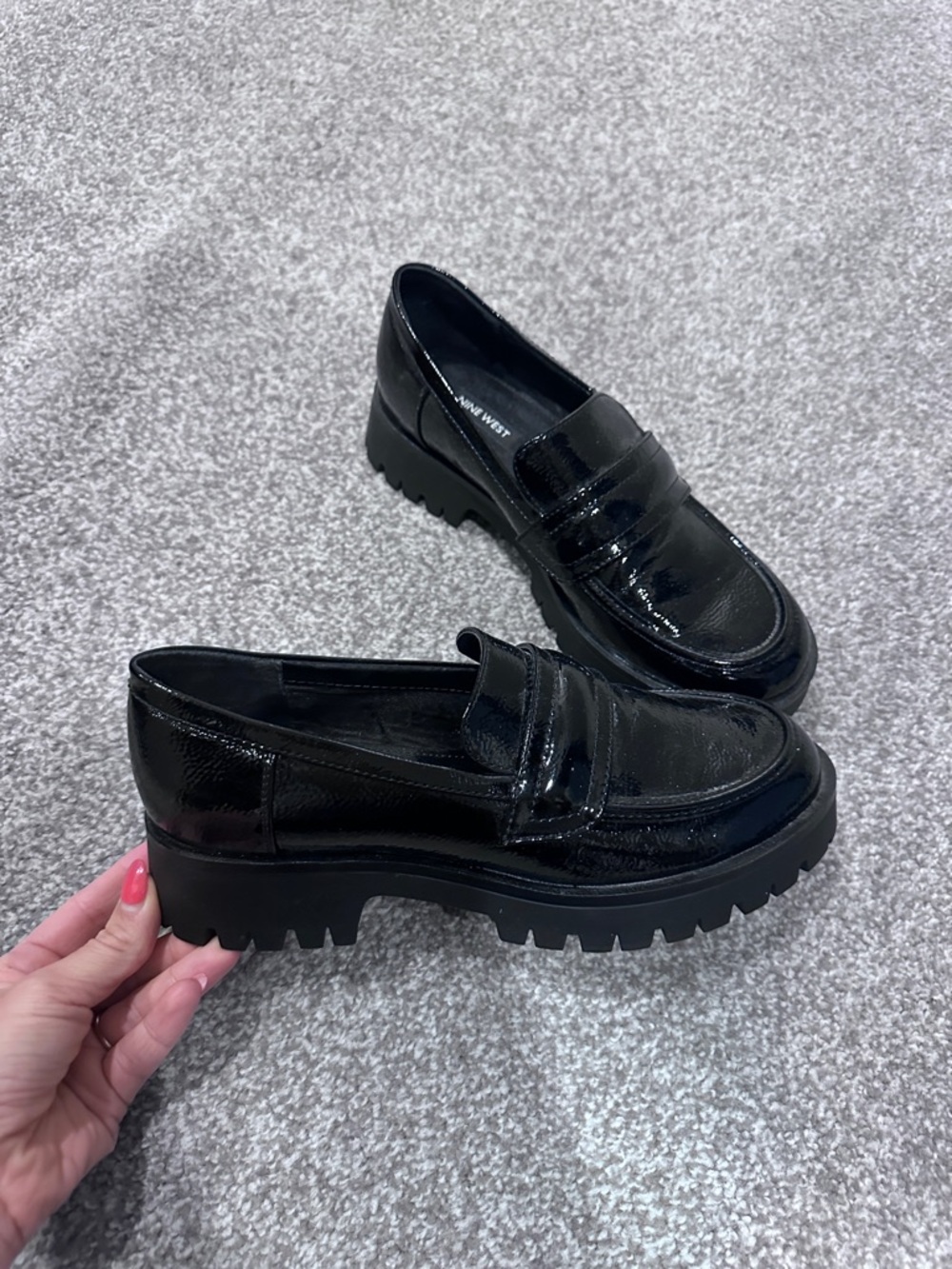 Nine West Black Patent Leather Lug Sole Loafers